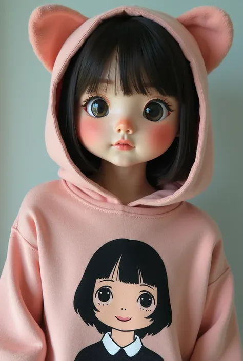 a woman wearing a sweater with a picture of a girl on it, a picture by Shinoda Toko, instagram, neo-dada, round head, round - face, with round face, round-cropped, very round, full round face!, with round cheeks, round round round nose, trending on r/stree...