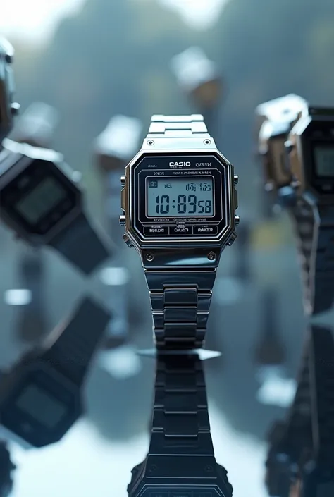 The Casio watch appears in the mirrors around it from different angles