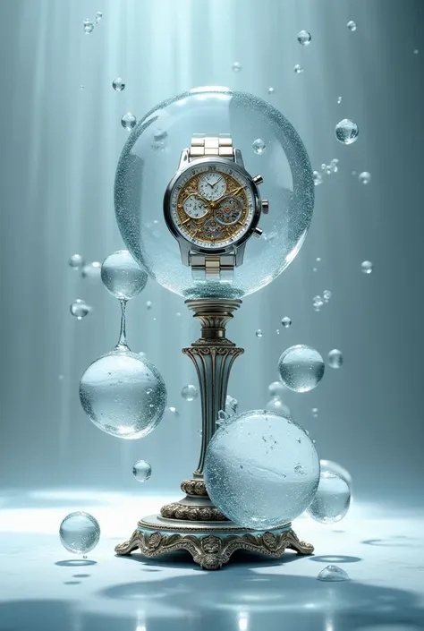 The watch is placed on a stand with flying glass showing a picture of the watch