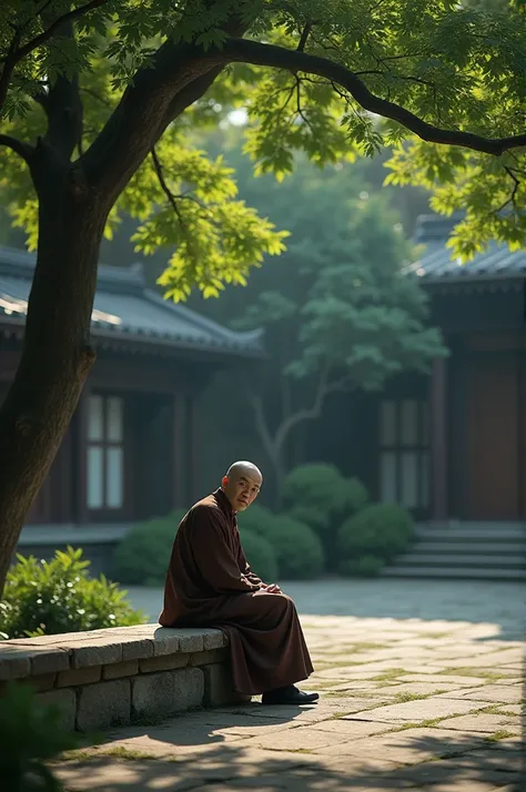 A serene monastery courtyard. The monk sits on a simple wooden bench under a large tree, its branches swaying gently in the breeze. The camera zooms in as he looks directly at the lens, calm but serious.]  
