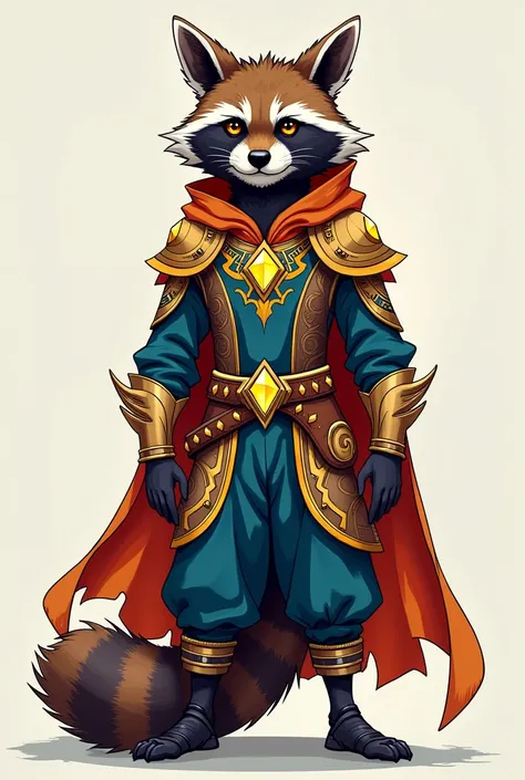 Create a single fantasy-themed outfit for a humanoid raccoon character in a vibrant, clean, and comic-inspired art style. Focus on designing a detailed, ornate outfit that features symmetrical patterns, glowing gemstones, and sharp, angular shapes. The out...