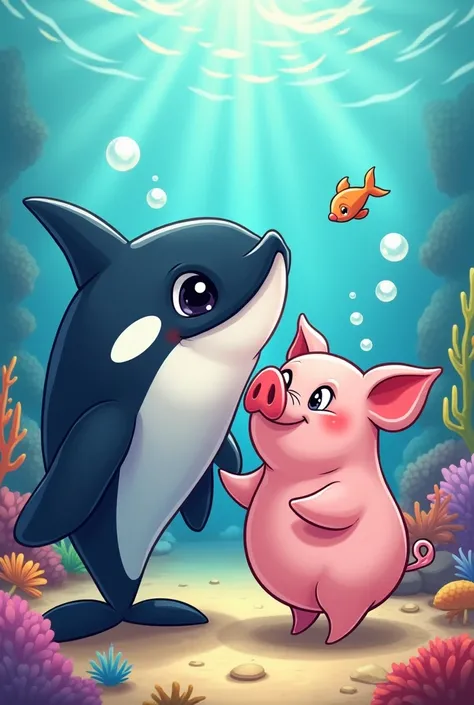  Make a cartoon with the phrase: orca orca ,  whale pig 