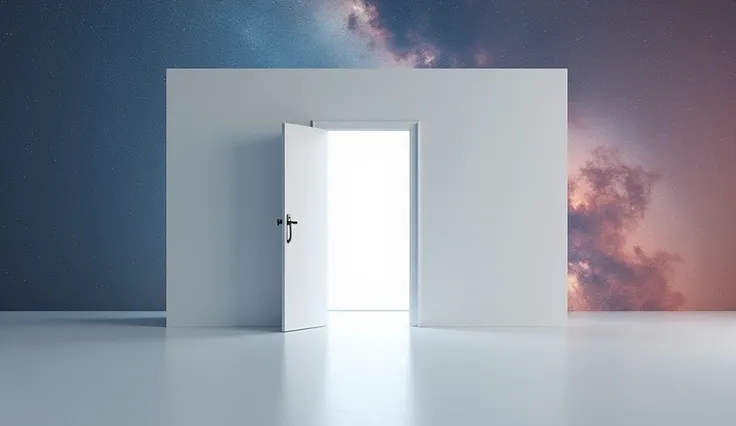 a white empty room with an open door on the galactic space