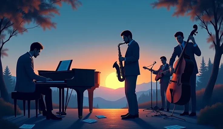 "A serene and introspective jazz scene set against a twilight sky, with soft blue and golden hues. A pianist sits at a grand piano, illuminated by a gentle spotlight, while a double bassist and a guitarist play in the background. A saxophonist takes center...