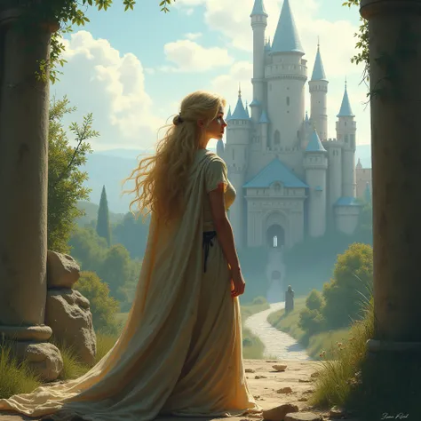 Fictional blonde princess turning her back with a castle in the background but as if waking up from a dream because her reality is the poor