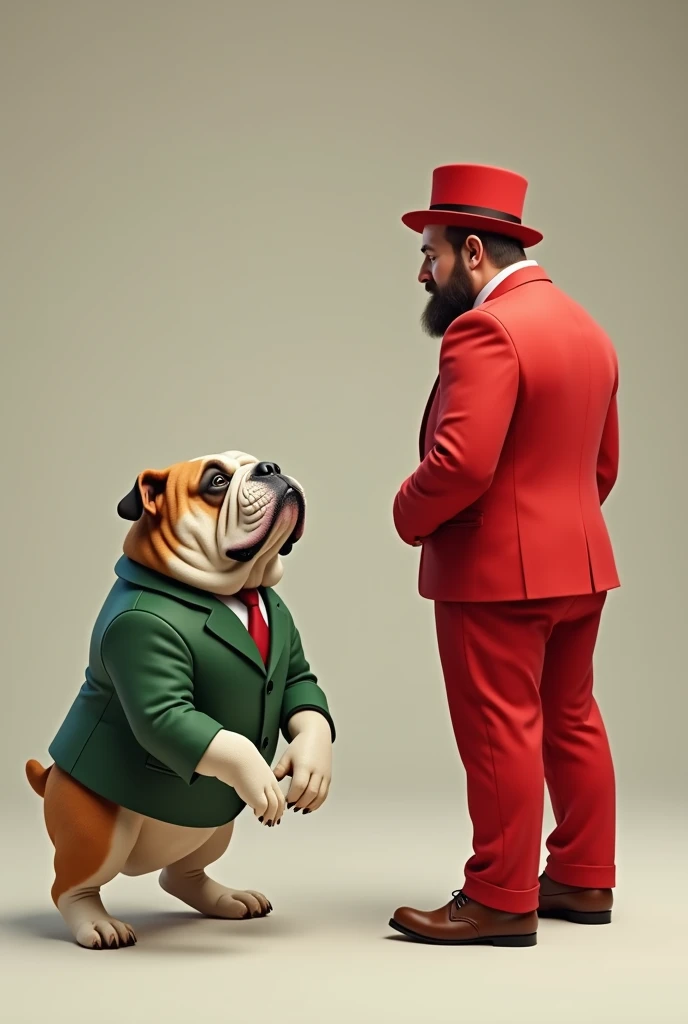 Buldog dog green jacket posing for the photo folded arms and back next to a man dressed in a bright red suit with a hat facing the dogs back.