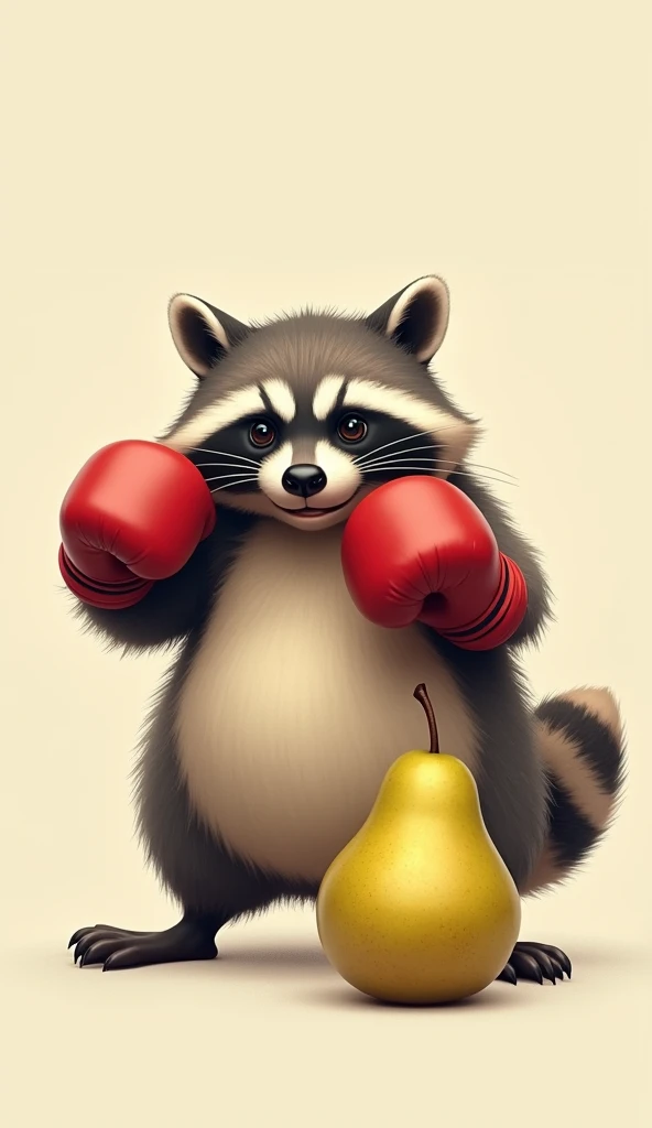 A raccoon with a thick belly wearing boxing gloves hits a pear