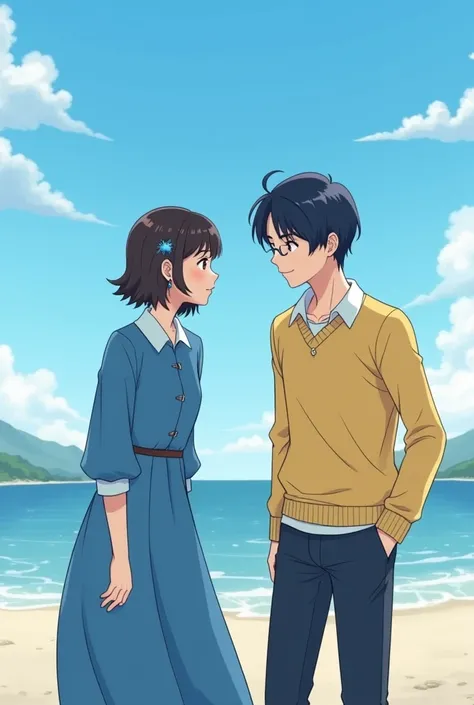 Poe help me making animation korean version like kdramas with manhwa art style, the girl use blue dress, with earing n neckles also use whale hair pin with short hair and glasses. For the boys Older s than her use yellow shirt with blue sweater, there is a...