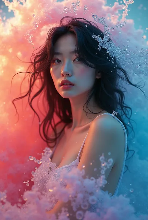 a korean teenage women with a sexy body that is made of water. She has bare breast. colourful spiralling waves and droplets and dreamy water formations. This dynamic abstract photograph encapsulates the fluidity and energy of motion, capturing a moment of ...