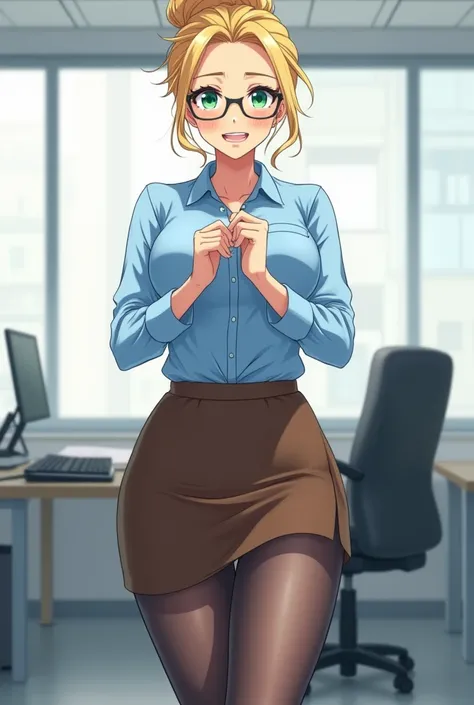  anime girl image, about 40 years old, Very muscular ,  of great hips , in an office,  wearing sky blue office clothing, brown short shorts skirt,  transparent black stockings ,  Black high heel shoes , glasses, blonde hair updo,  green eyes, hands togethe...