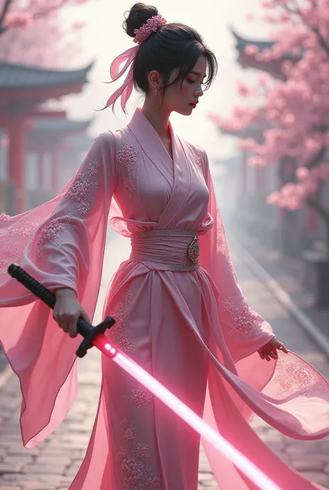 A beautiful slender superhero in a kimono-inspired suit, cherry blossom patterns, and wielding a glowing katana.