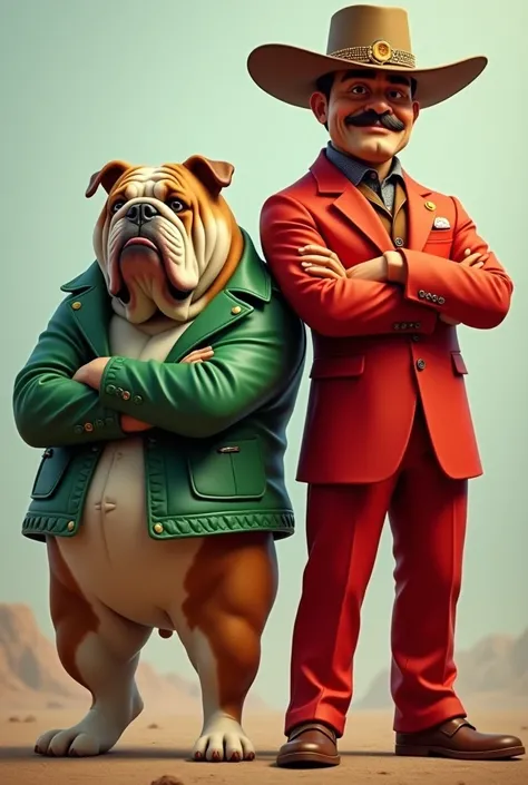 Buldog dog with green jacket on his back and folded arms next to a man dressed in a bright red suit with a cowboy hat also posing on his back 