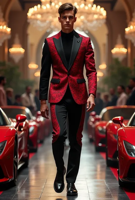 Indoor carriage-style podium on the track with guests and red Ferraris and chandeliers  .
 Male model young handsome tall in a designer jacket with lots of cormans and cuts and an X-size jacket with shoulders in red and black and white and pants with lots ...