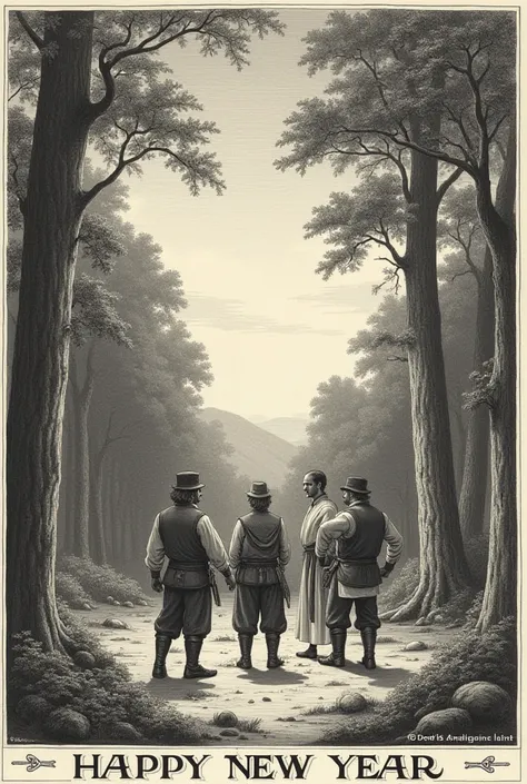  Forest and clearing ,  men in bridle pants, engraving , happy new year wish , 