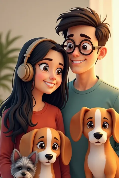  creates an animated family photo with a 40-year-old woman with long black hair , 40-year-old man tall short hair brushed up ,  brown teenager with glasses listening to music with headphones and two dogs:  a blond and white beagle and a small gray Yorkshir...