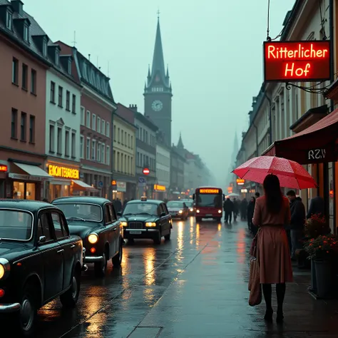  The lively scene of a 2020s German Catholic Street in German Catholic Church in rainy day.  A street filled with new German buses .,  black taxis ,  and people hold colorful umbrellas . in the background, , the spire of the German Catholic Church can be s...