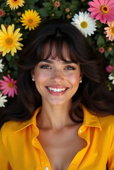 Make a Latin woman in 2024,  with long wavy fringed hair smiling with a yellow blouse and a flower background lying on a background of flowers 