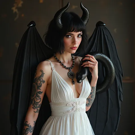 
Horny woman in a white dress holding a black snake Diaba , an album cover by Galen Dara , trending on deviantart, chest, devillic, devil 4 lilith, devil 4 queen, devillus in musica, devil 4, devil, metal album cover, Diabolical,  new album cover, dilraba ...