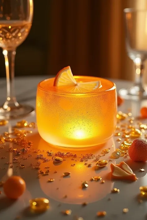 A luxurious scene featuring a sparkling bergamot gourmand concept: a glowing, golden citrus bergamot centerpiece surrounded by delicate edible gold flakes, soft caramel drizzles, and creamy vanilla swirls. The setting is adorned with crystal-cut glassware,...