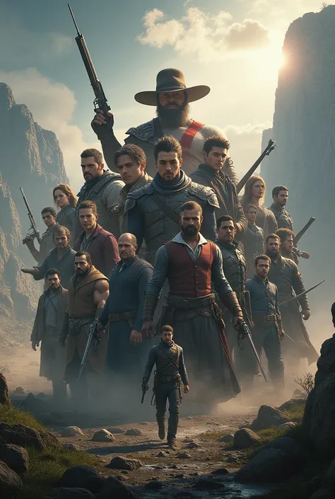 Make a AI photo, where RDR2 , ghost of Tsushima, god of war , Detroit Became human, last of us, GTA V , Hitman, assassins Creed origins, Days gone and Uncharted games main characters in one frame. 