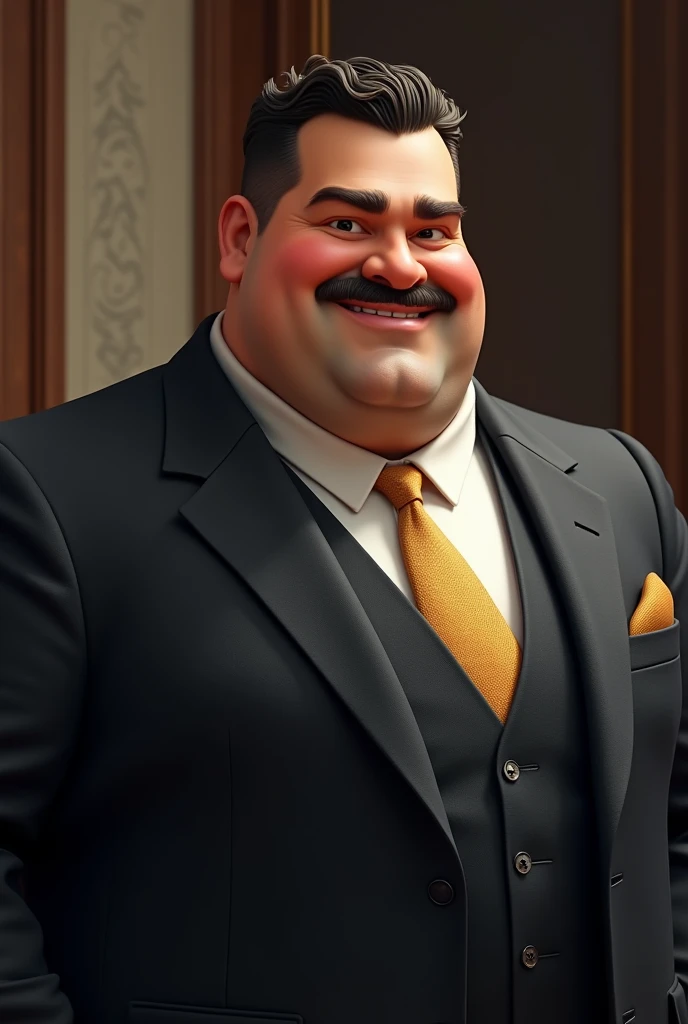 A slightly plump man in a suit with a short curly haircut, mustache and a harrow is very handsome