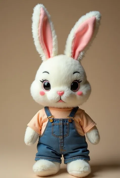 a close up of a stuffed animal wearing a shirt and jeans, a picture by Tadashi Nakayama, trending on reddit, shin hanga, plush doll, cute fumo plush bunny girl, plush toy, cute anthropomorphic bunny, kenny wong x pop mart, fumo plush, with big rabbit ears,...