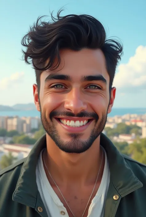  hyperrealistic art, a handsome 20-year-old young Arab man from Dubai, taking a full-body selfie smiling,  with green eyes and straight black hair , with a well-trimmed beard,  with a calm elegant and sweet style , wearing nice casual and relaxed clothes ,...