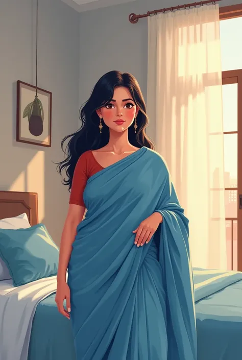 /imagine prompt: 34-year-old lady with chubby cheeks wearing a blouse and saree in a bedroom, she is in a blue silk saree with a matching blouse, the bedroom is modern with minimalist decor and soft, diffused lighting, the mood is calm and serene, emphasiz...