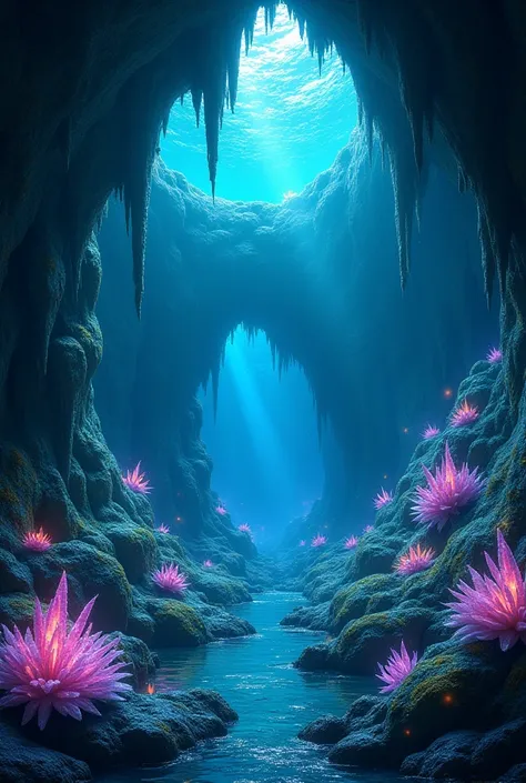 A picture of mysterious underwater caves ,  decorated with crystals and stalactites .  Unique glowing plants grow in the caves,  creating a magical atmosphere 