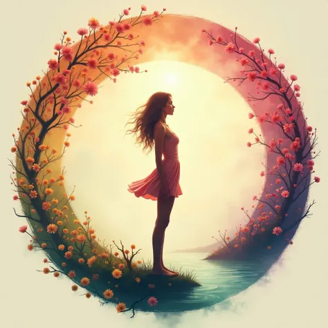 "Create a digital artwork showing a woman standing in the center of a circular timeline of her menstrual cycle. Divide the circle into three parts: vibrant pre-period days with blooming flowers and energetic colors like gold and pink; the challenging perio...