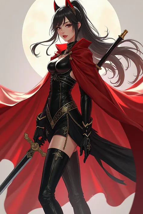  2 a woman in a black outfit with a sword and a red cape, Concept art by Yang J, pixiv, Baroque,  full body Xianxia , Ayaka Genshin Impact, like a mechanic, Zhongli aus Genshin Impact, appears as the fire goddess, keqing aus genshin impact, shiny gold and ...