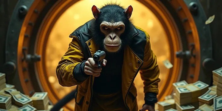 Monkey man in a black and yellow jumpsuit in a money vault with a gun is a lot of money