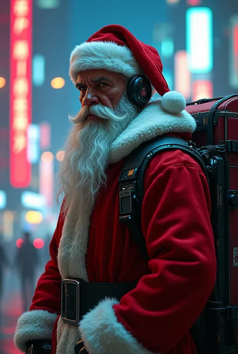 Santa Claus in the Cyberpunk 2077 game world ,  using a Sandevistan transplanted behind his back