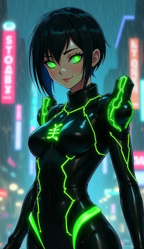 Hong Kong
Description: A sleek, cyberpunk-inspired heroine with glowing neon-green eyes and short, asymmetrical black hair with neon streaks. Her face is sharp and angular, with faint holographic kanji markings on her cheekbones. The animated background is...