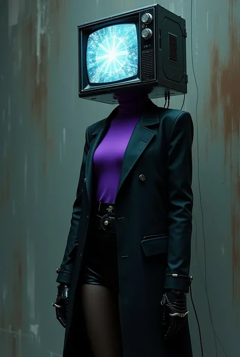 robot girl, tv woman, tv head, black coat, purple turtleneck, black pantyhose, black gloves,