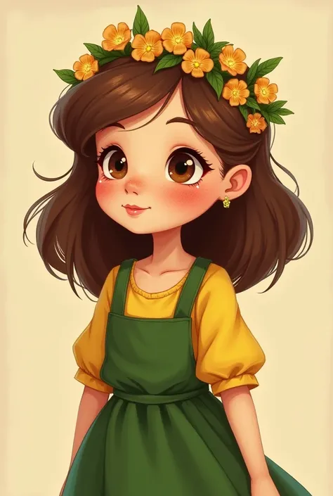  brown hair,  girl with freckles ,  in a bright yellow dress with a green apron .  She wears a small wreath of flowers on her head .

 Character :  Smart , tender, but stubborn .  She listens attentively to her elders and helps her brother make the right d...