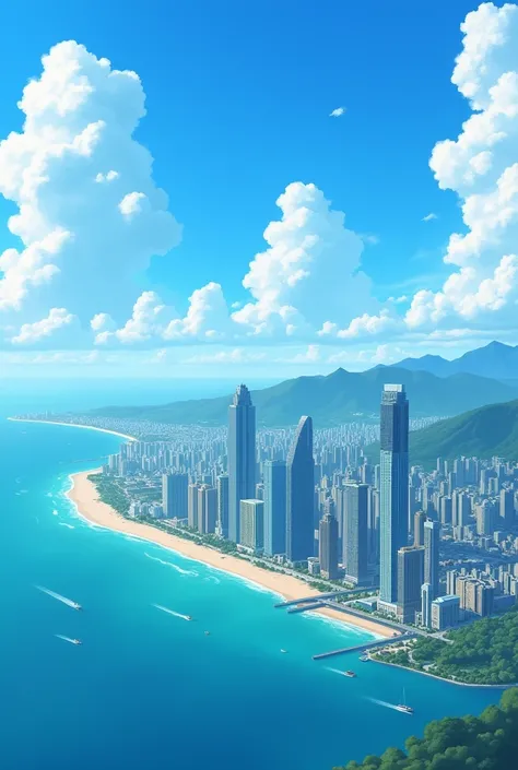  This is an image that shows an aerial view of a coastal city .  The city has a modern architecture with tall skyscrapers and lower buildings.   The city extends along a coastline with a sandy beach ,  and there is a light blue body of water with boats vis...