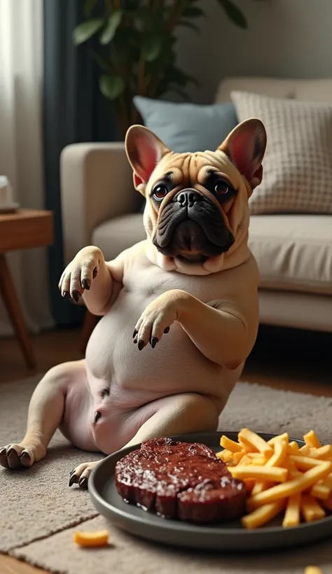 A plump French bulldog lying belly up on a soft, textured rug in a modern living room. Its round belly and short legs are fully visible in a relaxed pose. Next to the dog, on a sleek wooden coffee table, is a realistic plate of steak and fries with a fork ...