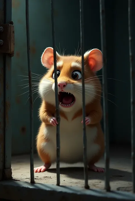 DESIGN A TERRIFIED HAMSTER STANDING BACK IN THE KENNEL.