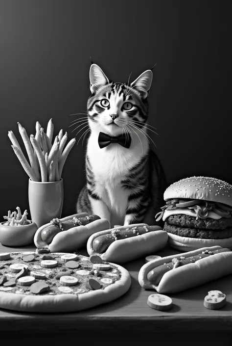 Image of, French fries , Hot dogs, Hamburger, PIZZA IN BLACK AND WHITE AND SAY GOURMET CAT AS A WATERMARK ALL OVER THE IMAGE