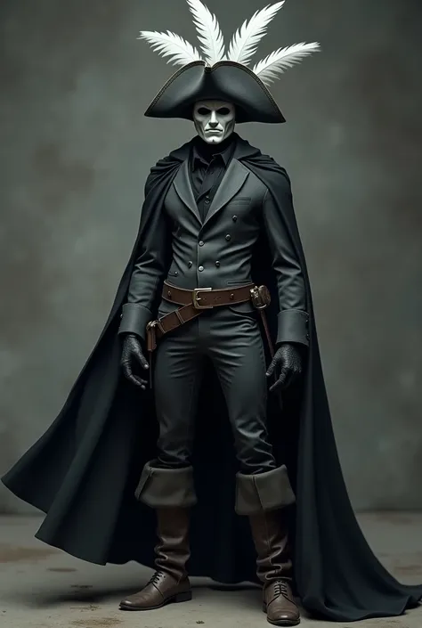 a cowboy wearing a white mask covering half of his face wearing a pirate hat with 3 white feathers wearing a dark gray suit with a black cape black boots with an angry face