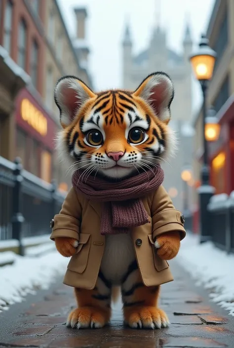   The cutest brown tiger cub in the world wearing a trench coat and scarf around her neck、((realistic:1.3))、 cinematic lighting 、 Snowy Londrina  、Tower of London 、 White Breath、sherlock holmes