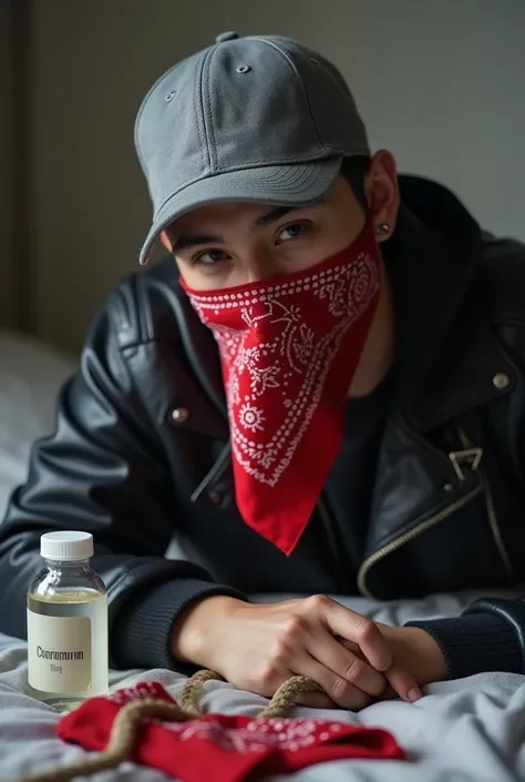 there are two handsome young horny korean 20 year guy wearing grey trucker caps, black leather jacket, gloves, sunglasses and bandana slayer Poured a bottle of chloroform onto hand full of bandana to handgagging The naked  handsome 19 year boy who wear a c...