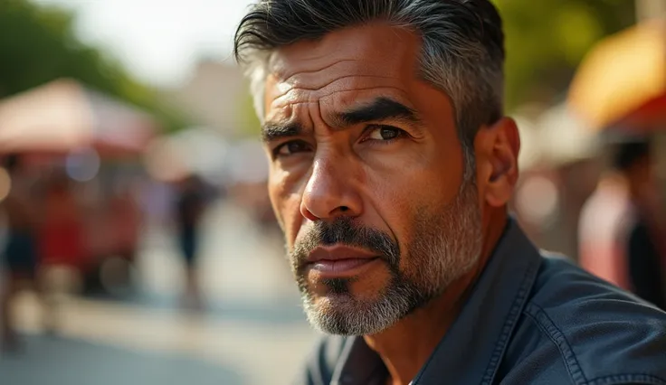 A close-up shot of Ricardo Salvaterra, a 45-year-old man, capturing the composed intensity of his expression. His sharp features reflect a lifetime of discipline and responsibility, with his age evident in the faint lines etched at the corners of his deep ...