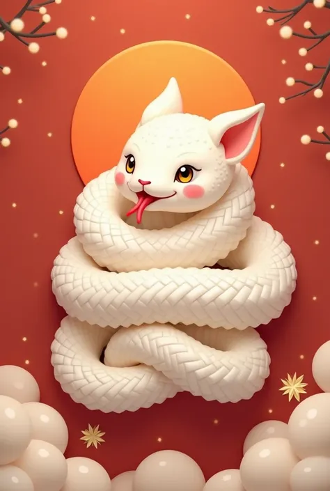 new year&#39;s card 、  1 cute white snake wrapped around it and 、Its shaped like a kagami mochi 、  golden eyes、、Red tongue、 orange is at the top

best quality ,   Decorative Art , 