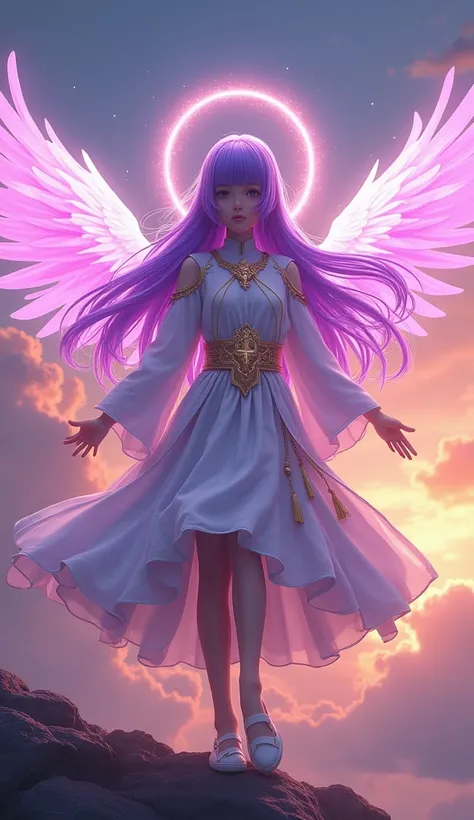 ((masterpiece, best quality, extremely detailed), volumetric lighting, ambient occlusion, colorful, glowing), 
1girl, solo, young girl, (purple hair), long hair, halo, aura, sacred, goddess, cleric suit with gold detailst:1.3), angel wings,
outdoors, sunse...