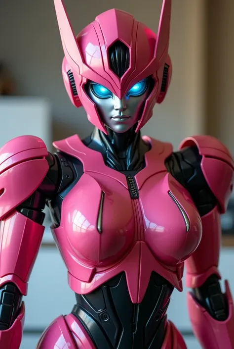  Arcee the autobot from transformers in the family room. Looking at and standing up super close to the camera like a selfie 
Arcee robot face
Dark pink metallic autobot 
Small smile
Massive  robot breasts
Beautiful  eyes