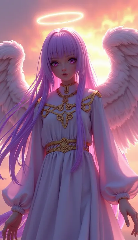 ((masterpiece, best quality, extremely detailed), volumetric lighting, ambient occlusion, colorful, glowing), 
1girl, solo, young girl, (purple hair), long hair, halo, aura, sacred, goddess, cleric suit with gold detailst:1.3), angel wings,
outdoors, sunse...