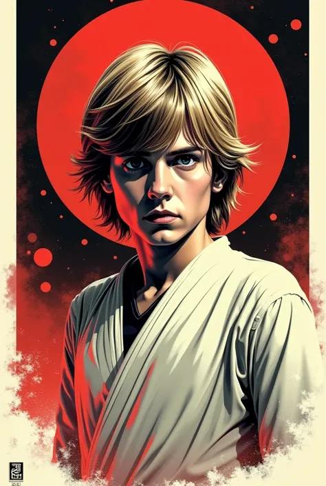  Star Wars luke skywalker 70s style poster, Only in white black and red colors Obra maestra,  The best quality , Detail, Details altos, Color Ghibli, pop art, 