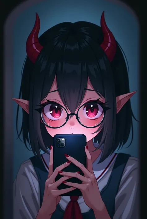 cute devil girl with phone covered her half face in front of mirror and wearing circle speks her age is 18 create photo in dark room make her anime girl